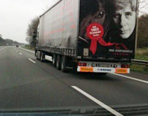 Paul Schockemöhle's face on the back of one of his lorries :: Photo © Astrid Appels