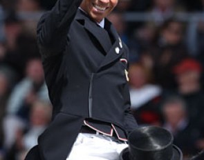 Steffen Peters gives a thumbs up to the Aachen crowds