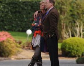 Show host Ann Kathrin Linsenhoff and her husband Klaus Martin Rath watch the competition