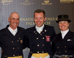 The top three of the Grand Prix Special at the 2011 World Dressage Masters in Palm Beach: Pierre St Jacques, Micha Rapcewicz, Shawna Harding :: Photo © Sue Stickle