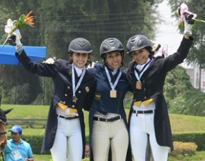 The individual podium at the 2013 Bolivarian Games: Radme Mahamud, Diana Rey, Margarita Cebeira