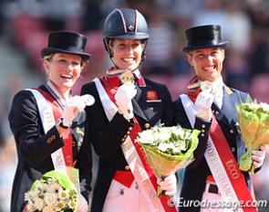 The Grand Prix Special podium: Helen Langehanenberg, Charlotte Dujardin, Adelinde Cornelissen :: Photo © Astrid Appels
