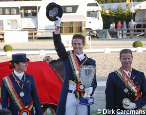 The senior podium at the 2013 Belgian Dressage Championships: Claudia Fassaert, Simon Missiaen, Philippe Jorissen :: Photo © Dirk Caremans