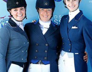 The top three of the Intermediaire I at the 2013 U.S. Dressage Championships: Sarah Lockman, Kim Herslow, Caroline Roffman :: Photo © Sue Stickle