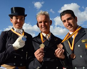 The podium at the 2013 Spanish Developing Prix St Georges Horse Championships: Beatriz Ferrer-Salat (silver), Juan Antonio Jimenez (gold), Jose Antonio Diaz Porras (bronze) :: Photo © Top Iberian