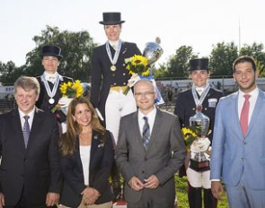 Greek riders scooped all three medals in the Senior Individual category: Katerina Los (silver), Eleni Myrat (gold) and Angela Sklavounos (bronze).  In the foreground Dejan Dragojevic, HRH Princess Haya, Milos Vucevic, and Vanja Udovic