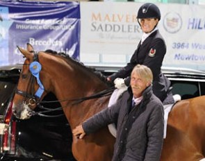 Ashley Holzer on Tiva Nana, flanked by judge Thomas Lang, at the 2014 CDI-W Devon :: Photo © Hoof Print Images
