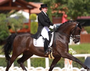 German Juliette Piotrowski on her powerfully trotting Sir Diamond. A problem with a flying change at A tampered with the score