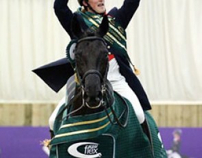 Michael Eilberg cheers during his victory lap on Half Moon Dynasty after winning the inter I Kur at the 2014 British Indoor Championships :: Photo © Risto Aaltonen