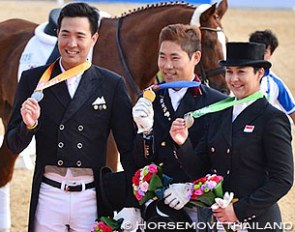 The individual podium at the 2014 Asian Games in Incheon, Korea: Dong Seon Kim, Young Shik Hwang, Larasati Gading :: Photo © Horse Move Thailand