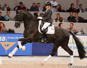 Emmelie Scholtens and Desperado at the 2014 KWPN Stallion Competition Finals in Den Bosch :: Photo © LL-foto