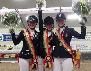 The podium at the 2014 Belgian Pony Championships: Elle Peytier (silver), Antonia Arl (gold), Dente de Schepper (bronze) :: Photo © Annick De Spiegeleer