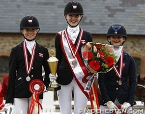 The medal podium at the 2014 Danish Pony Championships: Sara van Deurs Petersen, Sandra Aagaard Hyrm, Anne Sophie Sorensen :: Photo © Ridehesten.com