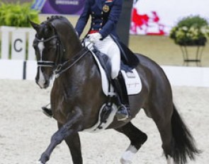 Great Britain’s Charlotte Dujardin and the brilliant gelding Valegro set yet another new world record when scoring 87.129 to win today’s Grand Prix at the 2014 World Cup Final in Lyon, France :: Photo © Dirk Caremans