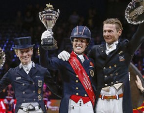 The 2014 World Cup podium: Helen Langehanenberg, Charlotte Dujardin and Edward Gal :: Photo © Dirk Caremans