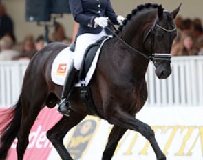 Vai Bruntink on Ebony. This Painted Black offspring is quite heavy in the forequarters and neck but was presented in a very beautiful way, active, in front of the aids and with the nose at or even in front of the vertical