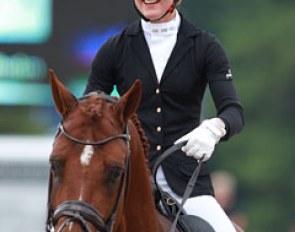 Swedish Ida-Linn Lundholm has a smile on her face after she finishes her test on Sankt Erik II (by Johnson x Weltmeyer)