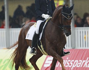 Juan Matute Guimon, a U.S. based Spanish junior rider and at age 16 the youngest Verden participant ever, rode Jamaicano de Ymas III. The horse was not entirely through in the bridle and lost balance. The walk was very nice