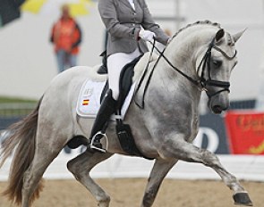 Emmelie Scholtens on the PRE stallion Genciano BCN (by Datil VII). He's a big mover in trot but needed to show more bending in the body. The rhythm in walk was underwhelming but the canter uphill.