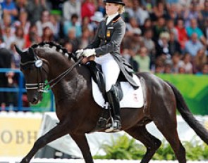 Morgan Barbançon's 17-year old Painted Black was not entirely even in the trot extensions and half passes but the duo produced floating passage work and rode to Anky's brilliant Tango music