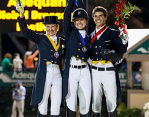 The individual podium at the 2014 CDIO Nations' Cup: Tina Konyot, Adrienne Lyle, Juan Matute Guimon :: Photo © Sue Stickle