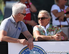 Evi Strasser chatting with the dressage rep of the German Oldenburg society, Thomas Rhinow