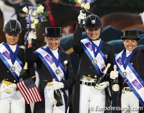 The gold medal winning U.S. team at the 2014 CDIO Wellington: Silva Martin, Tina Konyot, Adrienne Lyle, Shawna Harding :: Photo © Astrid Appels