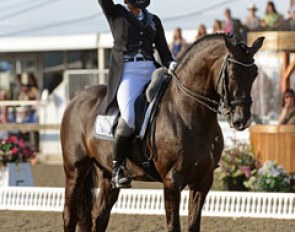 Silvia Rizzo cheers at the end of her freestyle on Sal at the 2014 invitation only Windsor Horse Show :: Photo © Matt & Sarah Baldock