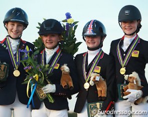 The British team wins gold at the 2015 European Pony Championships: Rebecca Bell, Isobel Berrington, Phoebe Peters, Clare Hole :: Photo © Astrid Appels