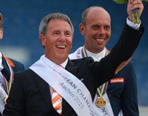 Dutch team trainer Wim Ernes on the podium with the gold medal winning Dutch team at the 2015 European Dressage Championships in Aachen :: Photo © Astrid Appels