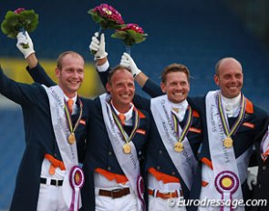 Gold for the impressive Dutch team at the 2015 European Championships: Diederik van Silfhout, Patrick van der Meer, Edward Gal and Hans Peter Minderhoud stand proudly on the podium :: Photo © Astrid Appels