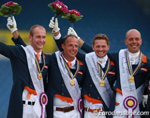The Dutch team recaptured gold at the 2015 European Championships after a six year hiatus from the highest step on the podium. Gold for Diederik van Silfhout, Patrick van der Meer, Edward Gal & Hans Peter Minderhoud :: Photo © Astrid Appels