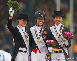 The kur podium at the 2015 European Dressage Championships: Kristina Sprehe, Charlotte Dujardin and Beatriz Ferrer-Salat :: Photo © Astrid Appels