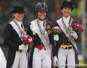The kur podium with Kristina Sprehe, Charlotte Dujardin and Beatriz Ferrer-Salat at the 2015 European Championships in Aachen :: Photo © Astrid Appels