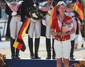 The gold medal winning German team at the 2015 European Young Riders Championships: Claire Averkorn, Anna Christina Abbelen, Bianca Nowag, Vivien Niemann with chef d'equipe Maria Schierhölter-Otto :: Photo © A. Appels