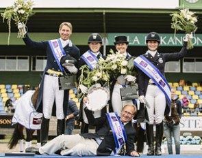 The Swedish team celebrating on the podium after victory in the FEI Nations Cup 2015 pilot series leg at Falsterbo, Sweden: Patrik Kittel, Emilie Nyrerod, Tinne Vilmhelmson-Silfven and Minna Telde, with Chef d'Equipe, Bo Jenå, in front