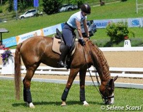 Isabell Werth allows Bella Rose to snack on the grass