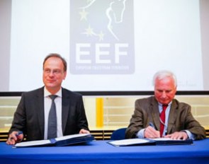 EEF President Dr. Hanfried Haring (right) signs the agreement with Mr. Tibor Navracsics (left), the European Commissioner for Education Culture Youth and Sport.