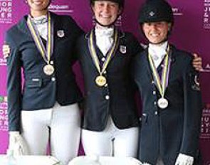 2015 NAJYRC Dressage Junior Individual Test medalists: Chloe Taylor (Bronze), Helen Claire McNulty (Gold), and Camille Bergeron (Silver) :: Photo © Sue Stickle