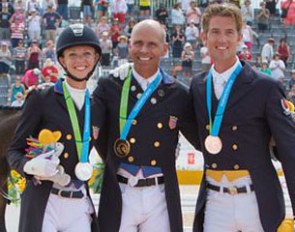 Laura Graves, Steffen Peters and Chris von Martels on the individual podium at the 2015 Pan American Games :: Photo © Stockimageservices.com