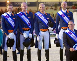 The winning Dutch team in Rotterdam: Edward Gal, Diederik van Silfhout, Patrick van der Meer, and Hans Peter Minderhoud with team trainer Wim Ernes :: Photo © Arnd Bronkhorst
