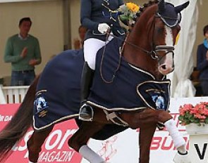 Yvonne Osterholm and Quarton win the 6-year old consolation finals at the 2015 World Young Horse Championships :: Photo © LL-foto