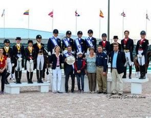 Team USA 1, Team Canada 1, and Team Canada 2 on the podium as team medalists at the 2015 CDIO Wellington :: Photo © Sue Stickle