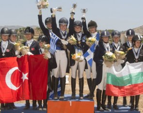 The Junior team podium at the 2016 Balkan Dressage Championshps 2016 in Athens (GRE): Bulgaria’s bronze medallists, the Greek champions, and Turkey’s silver medallists 