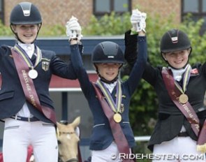 The individual test podium at the 2016 European Pony Championships: Inga Katharina Schuster, Lucie-Anouk Baumgürtel, Louise Christensen :: Photo © Ridehesten.com