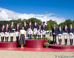 The team podium at the 2016 European Pony Championships with silver for Denmark, gold for Germany and bronze for The Netherlands :: Photo © Digishots