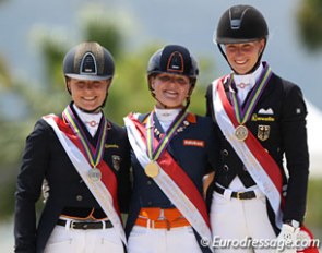 The individual test podium at the 2016 European Young Riders Championships: Jil Marielle Becks, Jeanine Nieuwenhuis, Leonie Richter :: Photo © Astrid Appels