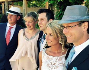 Carl Hester, Fiona Bigwood, Simon Staempfli, Amy Stovold, and Anders Dahl at Amy and Simon's wedding on 23 July 2016.