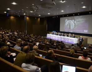 An all-male panel at the FEI Sports Forum: Tim Hadaway (GBR), Charles Balchin (GBR), John Madden (USA), Frank Kemperman (NED), Giuseppe de la Chiesa (ITA), Brian Sheahan (AUS), Karoly Fugli (HUN), John Eccles (GBR), Bob Thompson (CAN), Ulf Wilken (SWE)