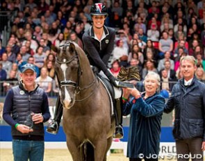 Alan Davies, Charlotte Dujardin on Valegro, Jennie Loriston-Clarke, and Carl Hester at the award ceremony held at the 2016 CDI-W London :: Photo © Jon Stroud